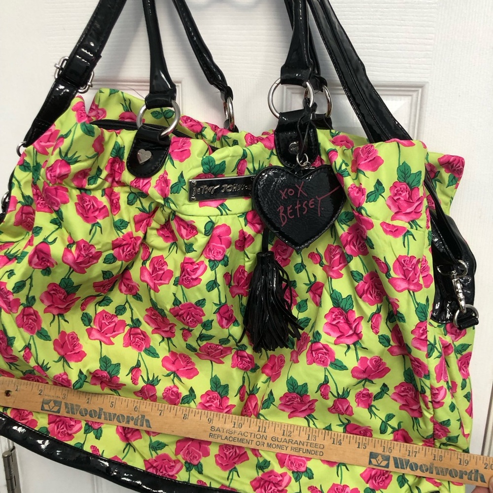 Betsey Johnson Floral Tote Bag Large Black Trim Pink Roses Neon - Picture 10 of 16